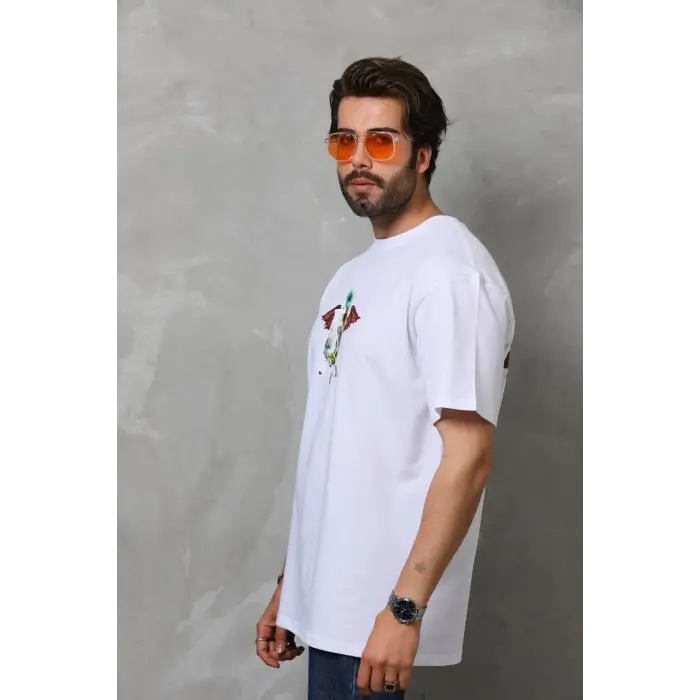 Erkek Baskılı T-Shirt Kısa Kol Bisiklet Yaka Regular Fit Rahat Kalıp Tişört -  Beyaz