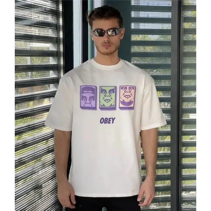 Erkek Kısa Kol Yazlık Tişört Bisiklet Yaka Baskılı Oversize T-Shirt - Beyaz
