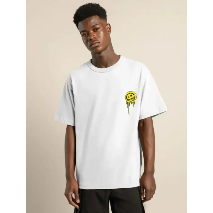 Erkek Kısa Kol Yazlık Tişört Bisiklet Yaka Baskılı Oversize T-Shirt - Beyaz
