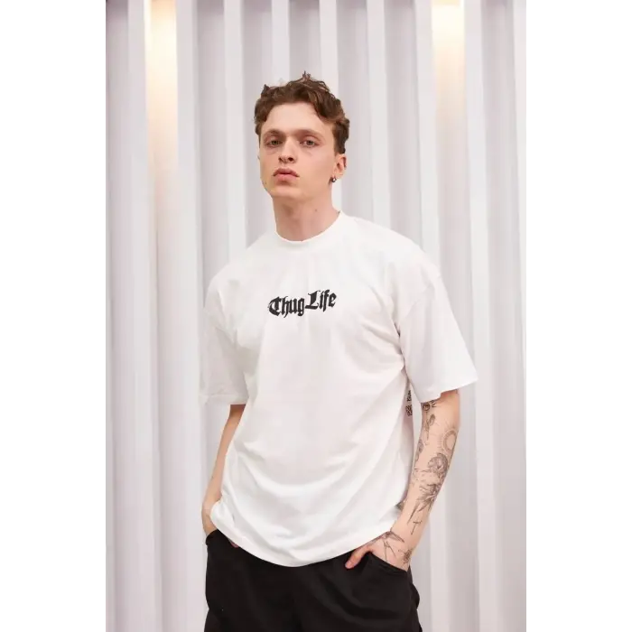 Erkek Kısa Kol Yazlık Tişört Bisiklet Yaka Baskılı Oversize T-Shirt - Beyaz