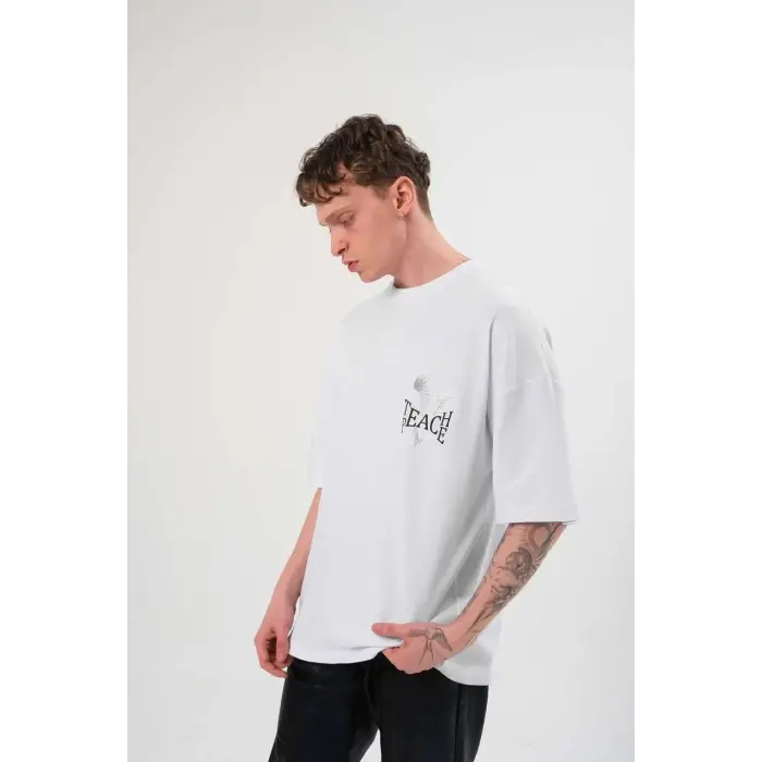 Erkek Kısa Kol Yazlık Tişört Bisiklet Yaka Baskılı Oversize T-Shirt - Beyaz