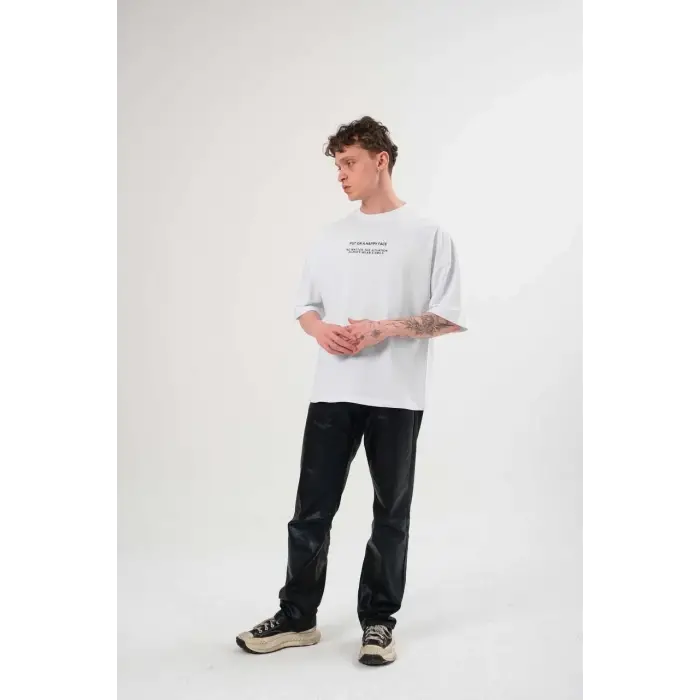 Erkek Kısa Kol Yazlık Tişört Bisiklet Yaka Baskılı Oversize T-Shirt - Beyaz