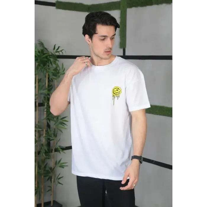 Erkek Kısa Kol Yazlık Tişört Bisiklet Yaka Baskılı Oversize T-Shirt - Beyaz