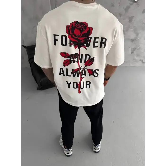 Erkek Kısa Kol Tişört Bisiklet Yaka GÜL Baskılı Oversize T-Shirt - Beyaz