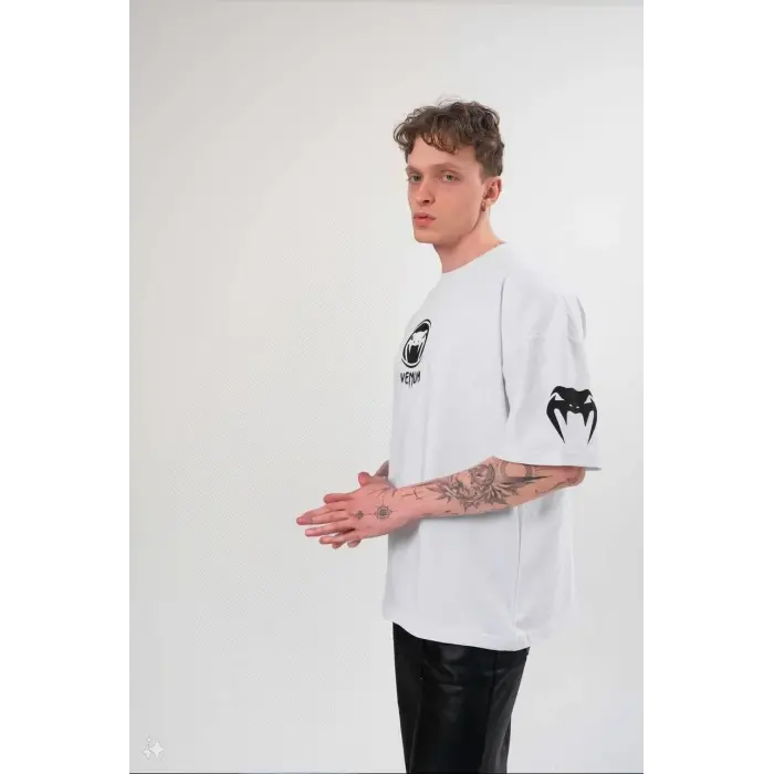 Erkek Kısa Kol Tişört Göğüs ve Kol Bisiklet Yaka Baskılı T-Shirt - Beyaz