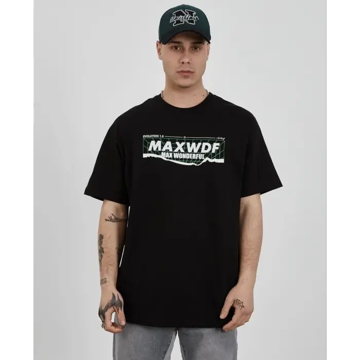 Erkek Kısa Kol Yazlık Tişört Bisiklet Yaka Baskılı Oversize T-Shirt - Siyah