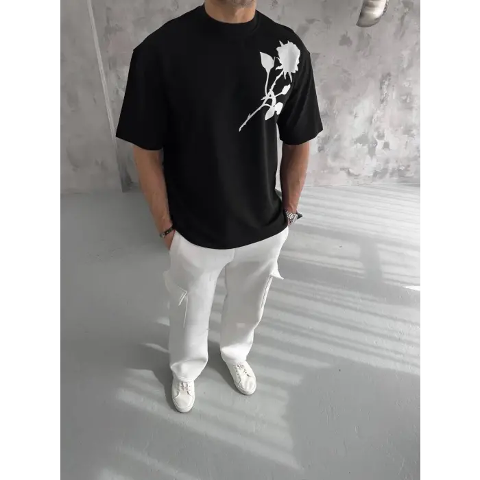 Erkek Kısa Kol Tişört Bisiklet Yaka GÜL Baskılı Oversize T-Shirt - Siyah