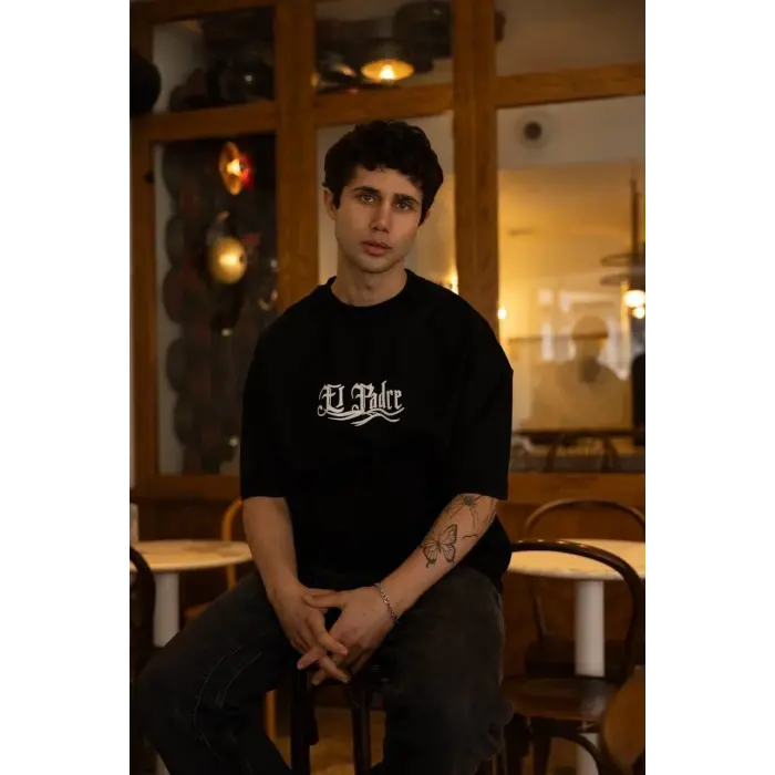 Erkek Tişört Bisiklet Yaka Baskılı Oversize Kısa kol T-Shirt - Siyah
