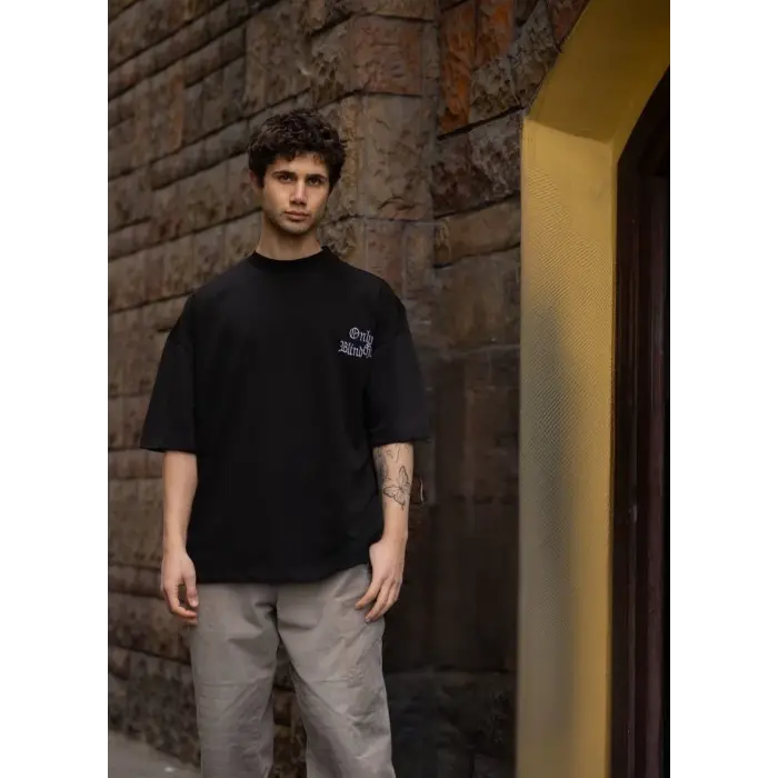 Erkek Kısa Kol Yazlık Tişört Bisiklet Yaka Baskılı Oversize T-Shirt - Siyah