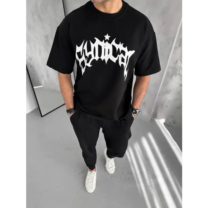 Erkek Tişört Bisiklet Yaka Baskılı Oversize Kısa kol T-Shirt - Siyah