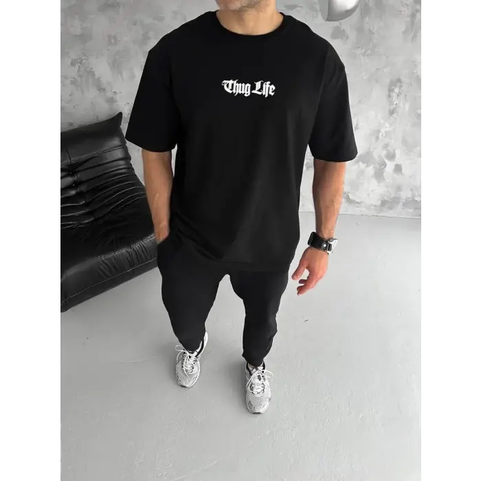 Erkek Kısa Kol Yazlık Tişört Bisiklet Yaka Baskılı Oversize T-Shirt - Siyah