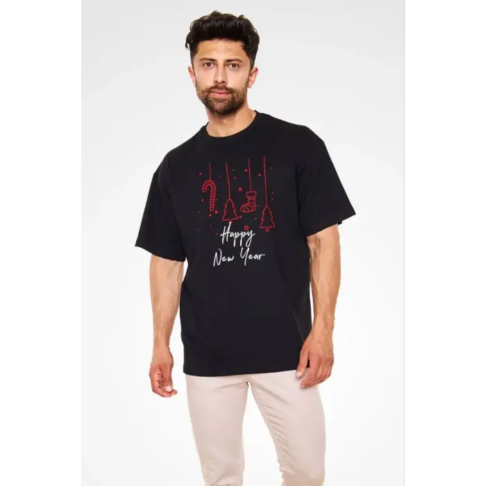 Erkek Kısa Kol Tişört Bisiklet Yaka Yeni Yıl Baskılı T-Shirt - Siyah