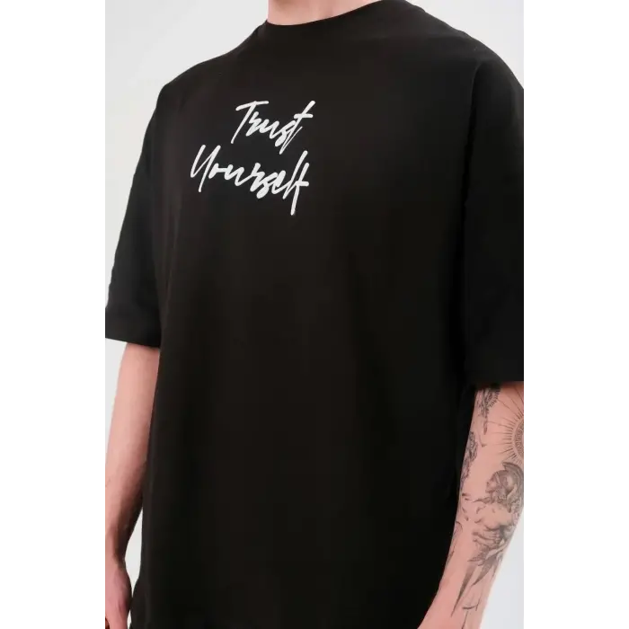 Erkek Kısa Kol Yazlık Tişört Bisiklet Yaka Baskılı Oversize T-Shirt -  Siyah