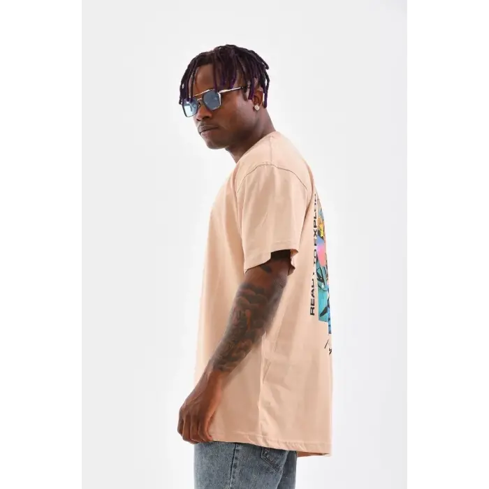 Erkek  Bisiklet Yaka Baskılı Oversize T-Shirt - Bej