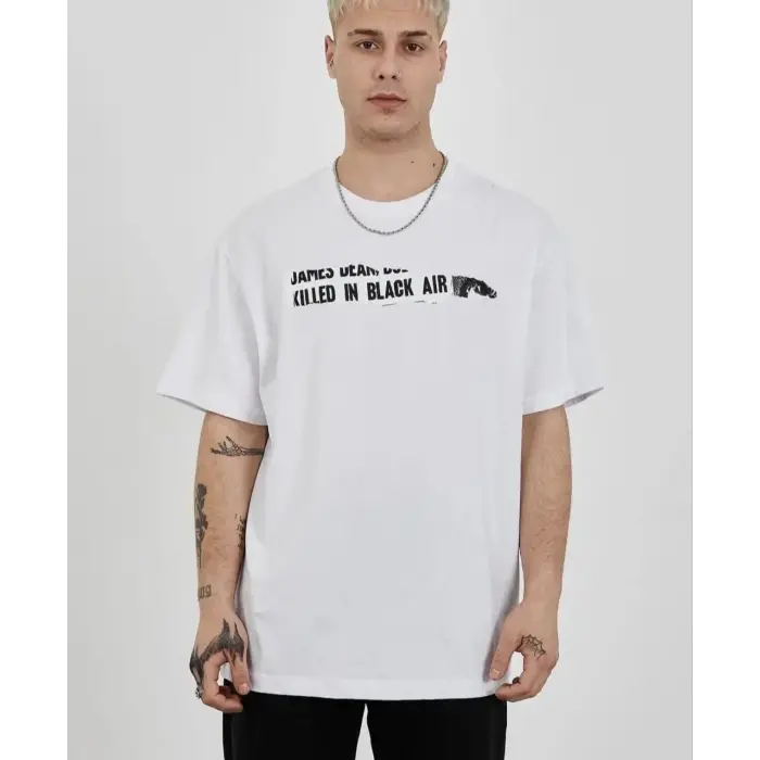 Erkek Kısa Kol Yazlık Tişört Bisiklet Yaka Baskılı Oversize T-Shirt - Beyaz