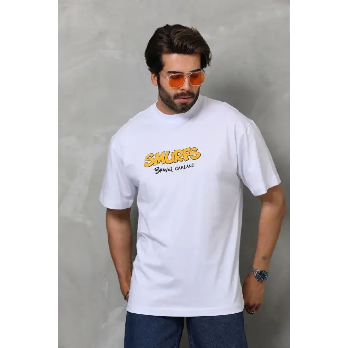Erkek Kısa Kol Yazlık Tişört Bisiklet Yaka Baskılı Oversize T-Shirt - Beyaz