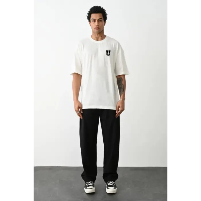 Erkek Kısa Kol Yazlık Tişört Bisiklet Yaka Baskılı Oversize T-Shirt - Beyaz