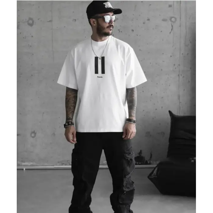 Erkek Kısa Kol Yazlık Tişört Bisiklet Yaka Baskılı Oversize T-Shirt - Beyaz