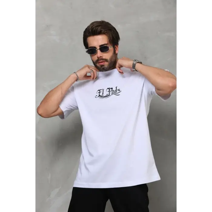 Erkek Kısa Kol Yazlık Tişört Bisiklet Yaka Baskılı Oversize T-Shirt - Beyaz