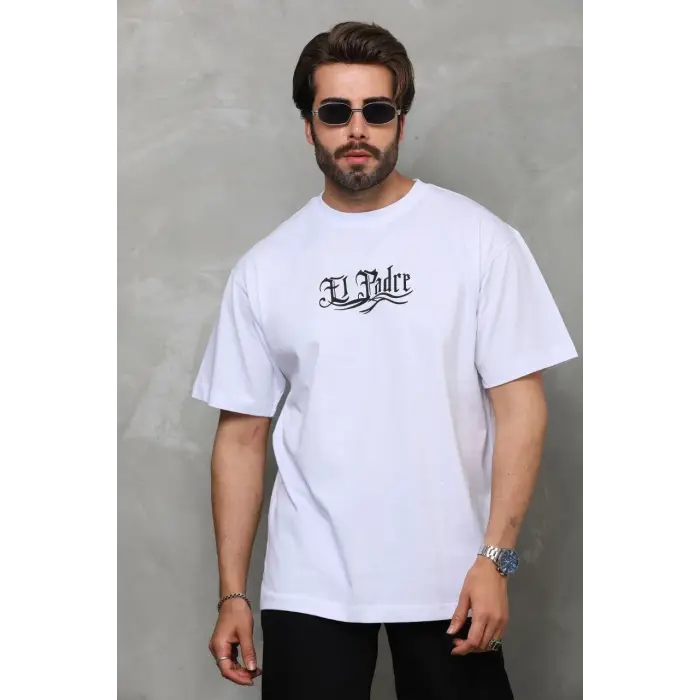 Erkek Kısa Kol Yazlık Tişört Bisiklet Yaka Baskılı Oversize T-Shirt - Beyaz