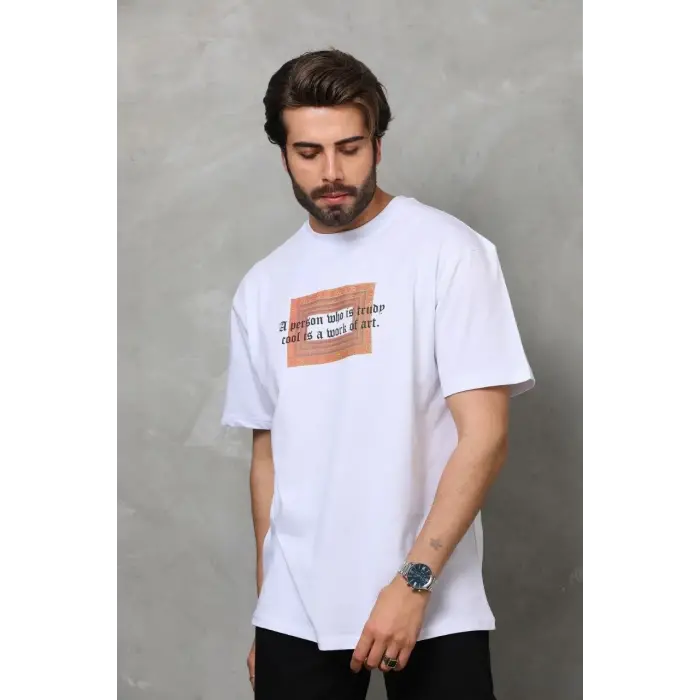 Erkek Baskılı T-Shirt Kısa Kol Bisiklet Yaka Regular Fit Rahat Kalıp Tişört -  Beyaz