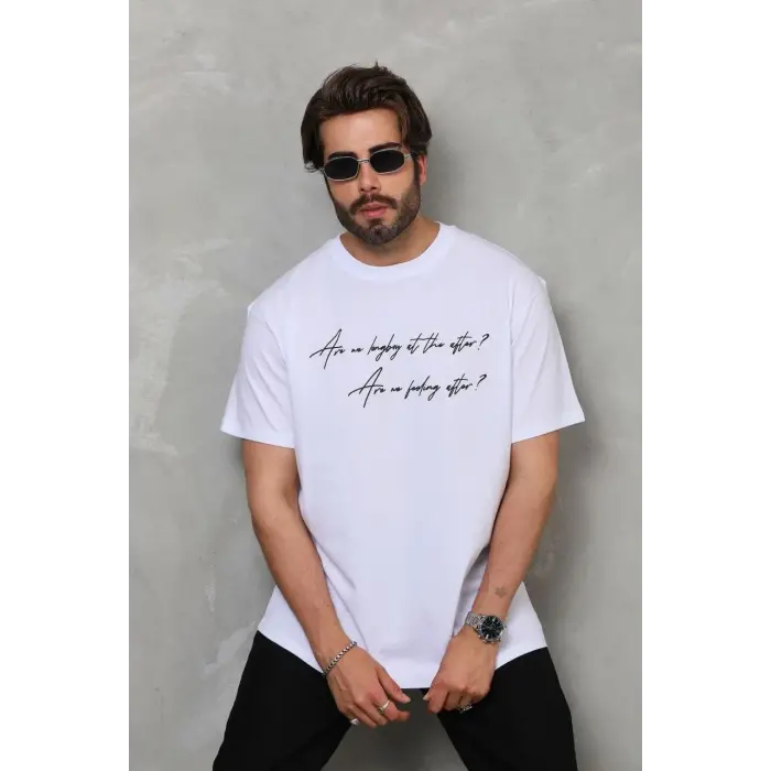 Erkek Kısa Kol Yazlık Tişört Bisiklet Yaka Baskılı Oversize T-Shirt - Beyaz