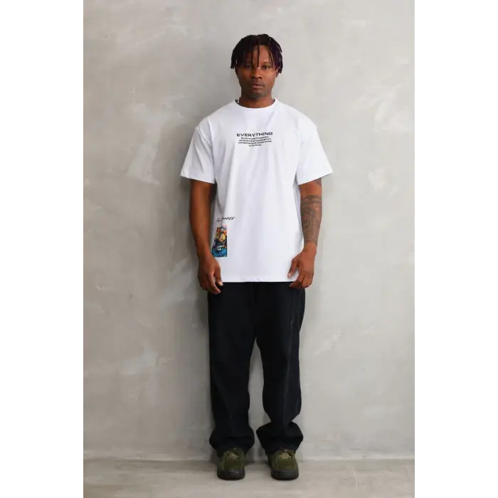 Erkek Bisiklet Yaka Baskılı Oversize T-Shirt - Beyaz