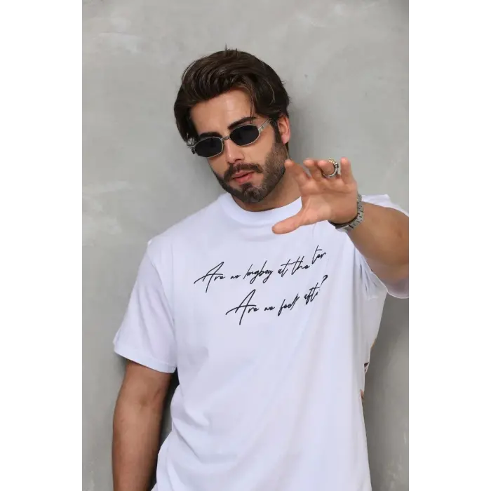 Erkek Kısa Kol Yazlık Tişört Bisiklet Yaka Baskılı Oversize T-Shirt - Beyaz