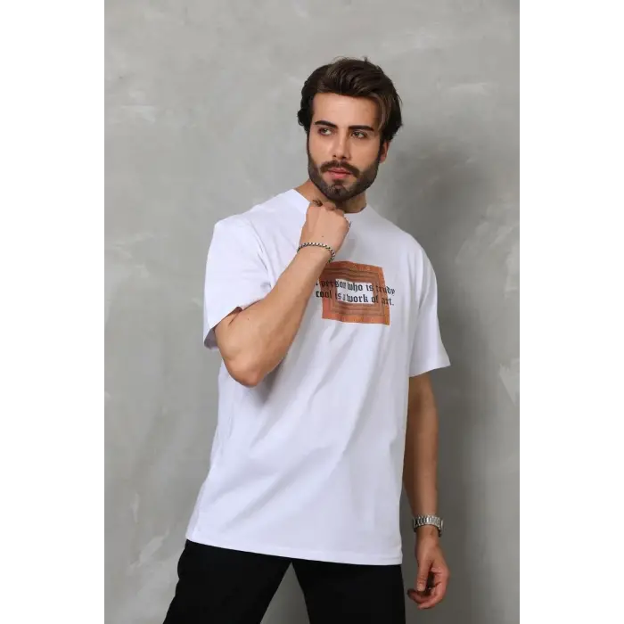Erkek Baskılı T-Shirt Kısa Kol Bisiklet Yaka Regular Fit Rahat Kalıp Tişört -  Beyaz
