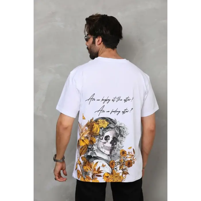 Erkek Kısa Kol Yazlık Tişört Bisiklet Yaka Baskılı Oversize T-Shirt - Beyaz