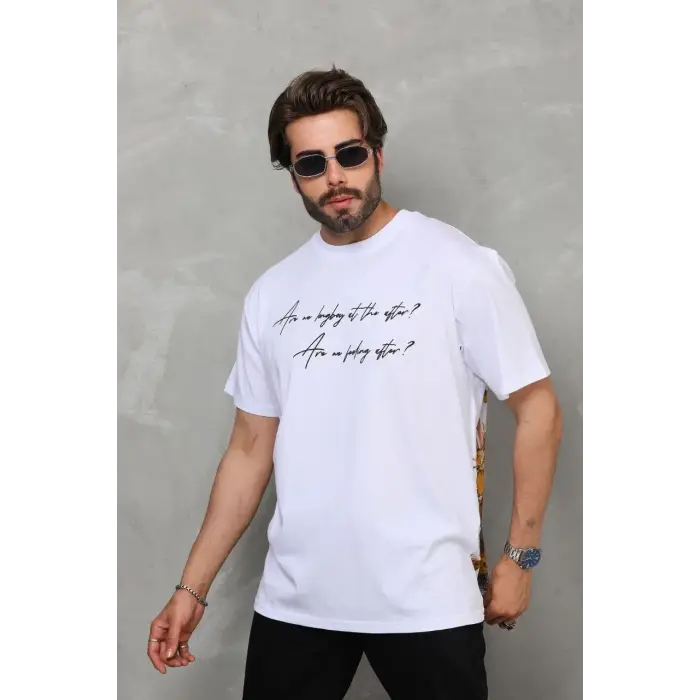 Erkek Kısa Kol Yazlık Tişört Bisiklet Yaka Baskılı Oversize T-Shirt - Beyaz