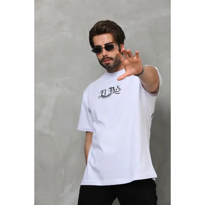 Erkek Kısa Kol Yazlık Tişört Bisiklet Yaka Baskılı Oversize T-Shirt - Beyaz