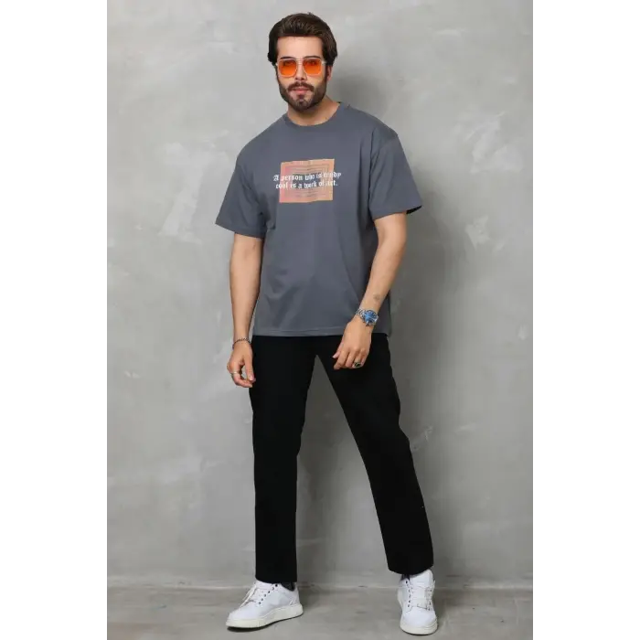 Erkek Baskılı T-Shirt Kısa Kol Bisiklet Yaka Regular Fit Rahat Kalıp Tişört -  Füme