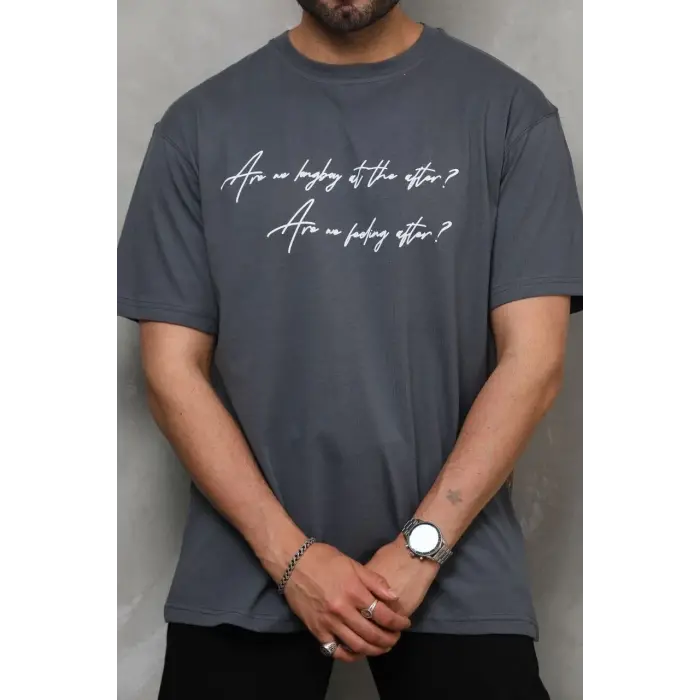 Erkek Kısa Kol Yazlık Tişört Bisiklet Yaka Baskılı Oversize T-Shirt - Füme