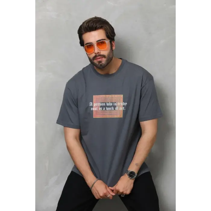 Erkek Baskılı T-Shirt Kısa Kol Bisiklet Yaka Regular Fit Rahat Kalıp Tişört -  Füme