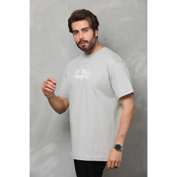 Erkek Kısa Kol Yazlık Tişört Bisiklet Yaka Baskılı Oversize T-Shirt - Gri