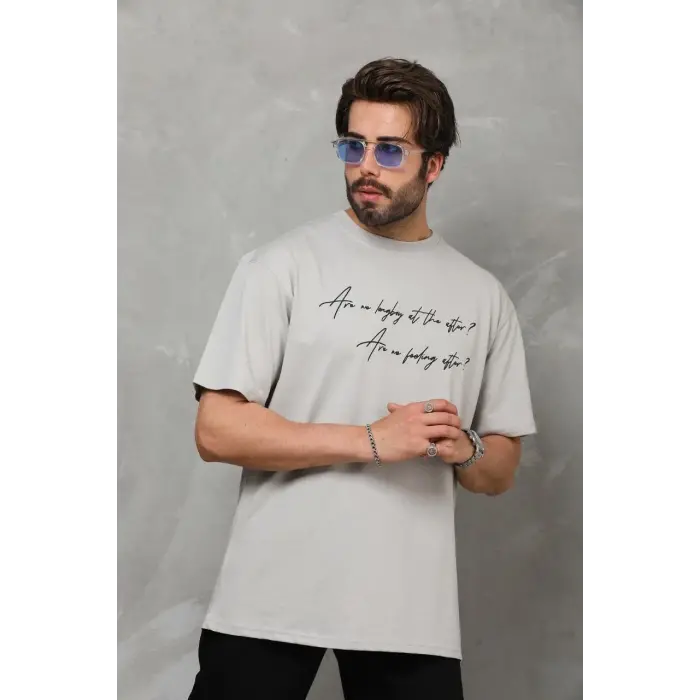 Erkek Kısa Kol Yazlık Tişört Bisiklet Yaka Baskılı Oversize T-Shirt - Gri