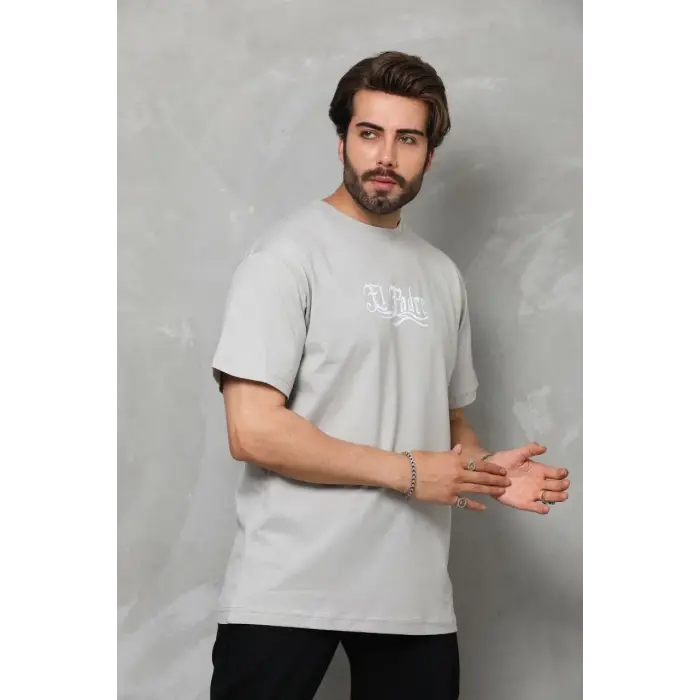 Erkek Kısa Kol Yazlık Tişört Bisiklet Yaka Baskılı Oversize T-Shirt - Gri