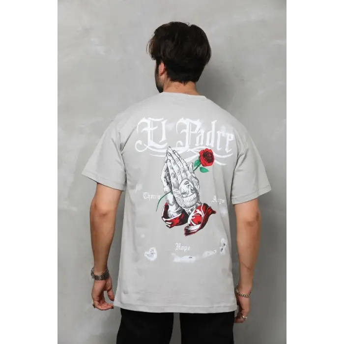 Erkek Kısa Kol Yazlık Tişört Bisiklet Yaka Baskılı Oversize T-Shirt - Gri