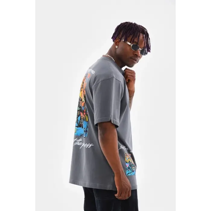 Erkek Tişort  Bisiklet Yaka Baskılı Oversize T-Shirt - Gri