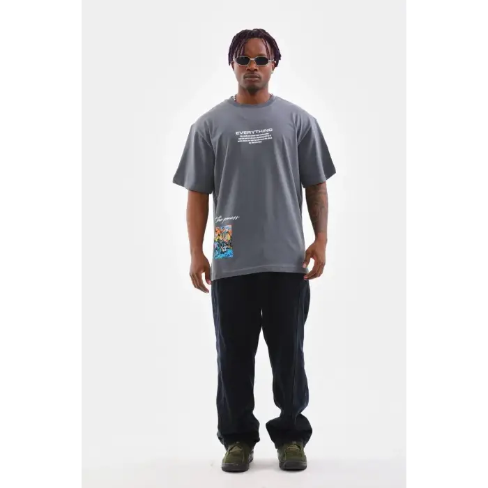 Erkek Tişort  Bisiklet Yaka Baskılı Oversize T-Shirt - Gri