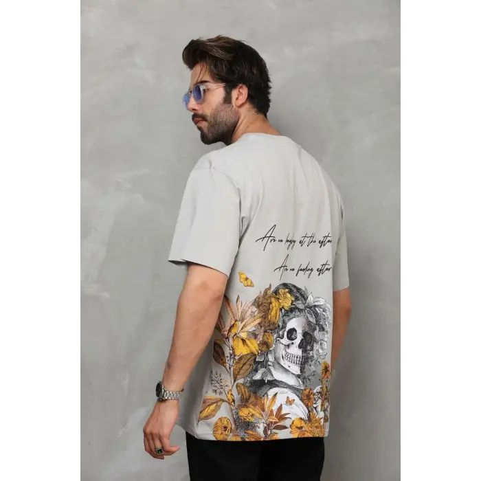 Erkek Kısa Kol Yazlık Tişört Bisiklet Yaka Baskılı Oversize T-Shirt - Gri