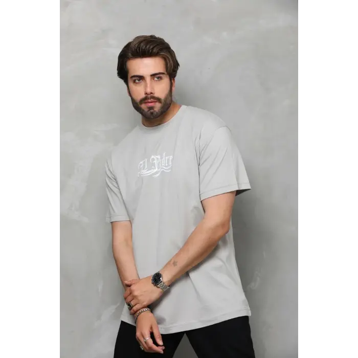 Erkek Kısa Kol Yazlık Tişört Bisiklet Yaka Baskılı Oversize T-Shirt - Gri