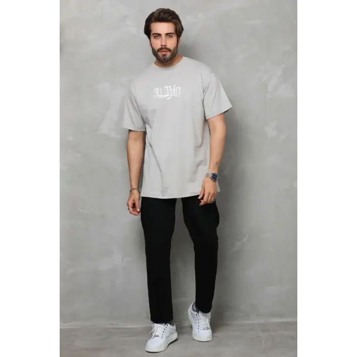 Erkek Kısa Kol Yazlık Tişört Bisiklet Yaka Baskılı Oversize T-Shirt - Gri