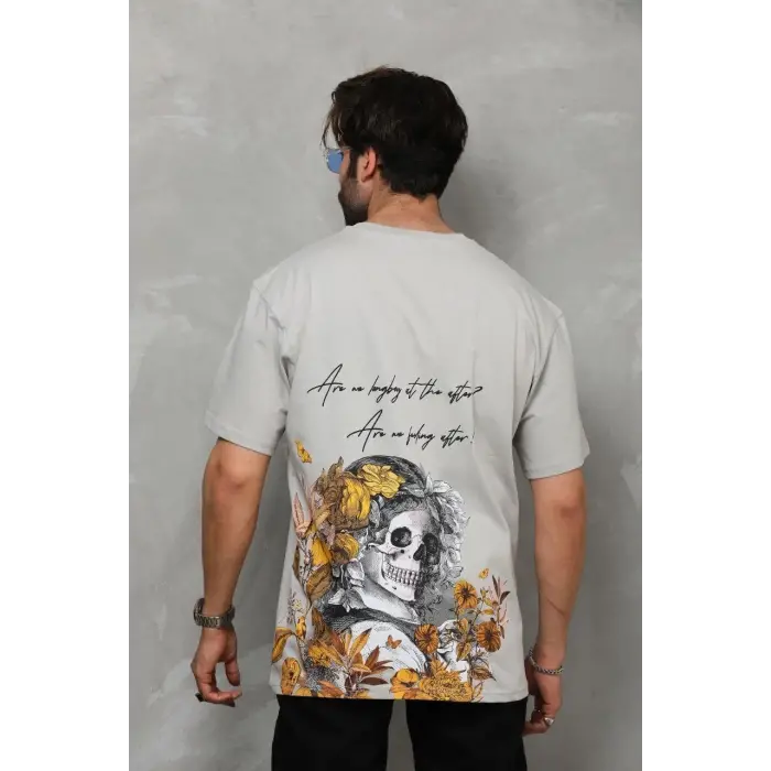 Erkek Kısa Kol Yazlık Tişört Bisiklet Yaka Baskılı Oversize T-Shirt - Gri