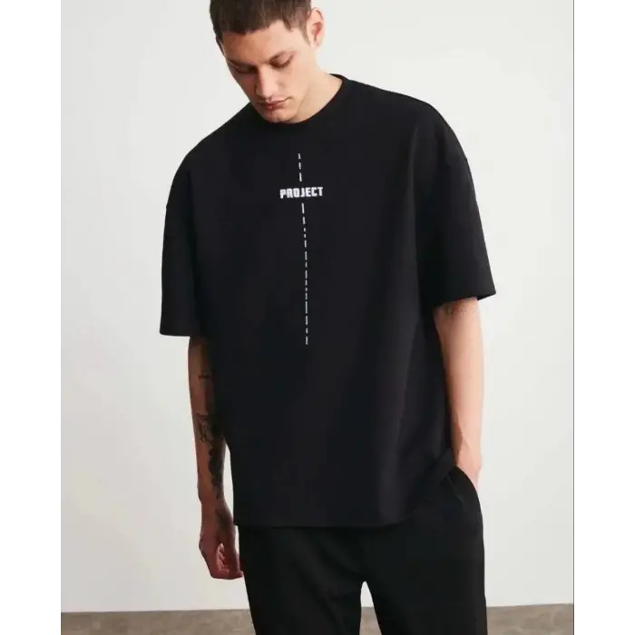 Erkek Kısa Kol Yazlık Tişört Bisiklet Yaka Baskılı Oversize T-Shirt - Siyah
