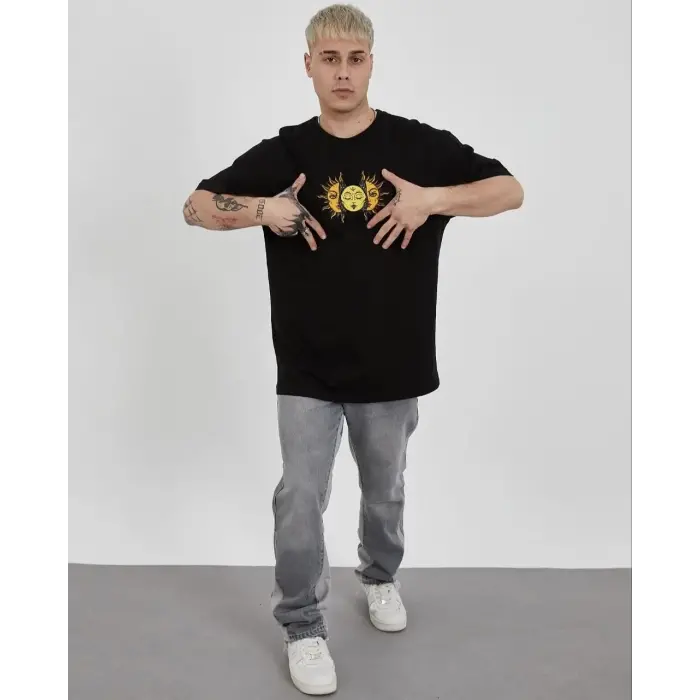 Erkek Kısa Kol Yazlık Tişört Bisiklet Yaka Baskılı Oversize T-Shirt - Siyah