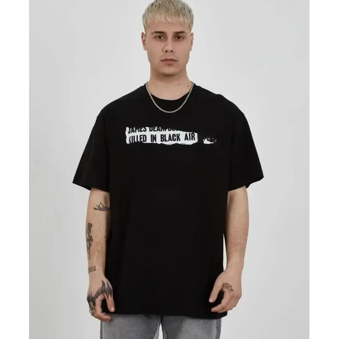 Erkek Kısa Kol Yazlık Tişört Bisiklet Yaka Baskılı Oversize T-Shirt - Siyah