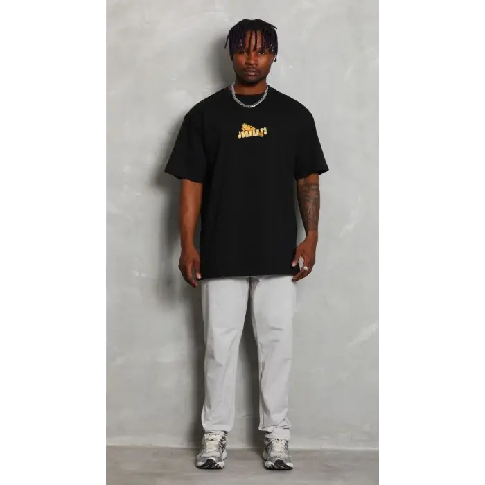 Erkek Kısa Kol Yazlık Tişört Bisiklet Yaka Baskılı Oversize T-Shirt - Siyah