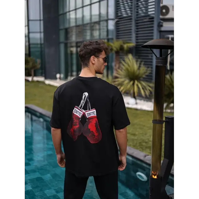 Erkek Kısa Kol Tişört Bisiklet Yaka Box Eldiven Baskılı T-Shirt -  Siyah